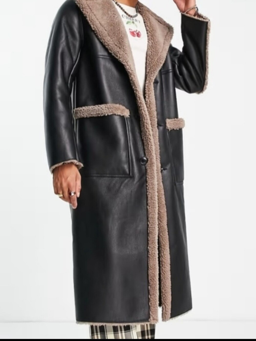 Asos Design Long Faux Leather Shearling Coat